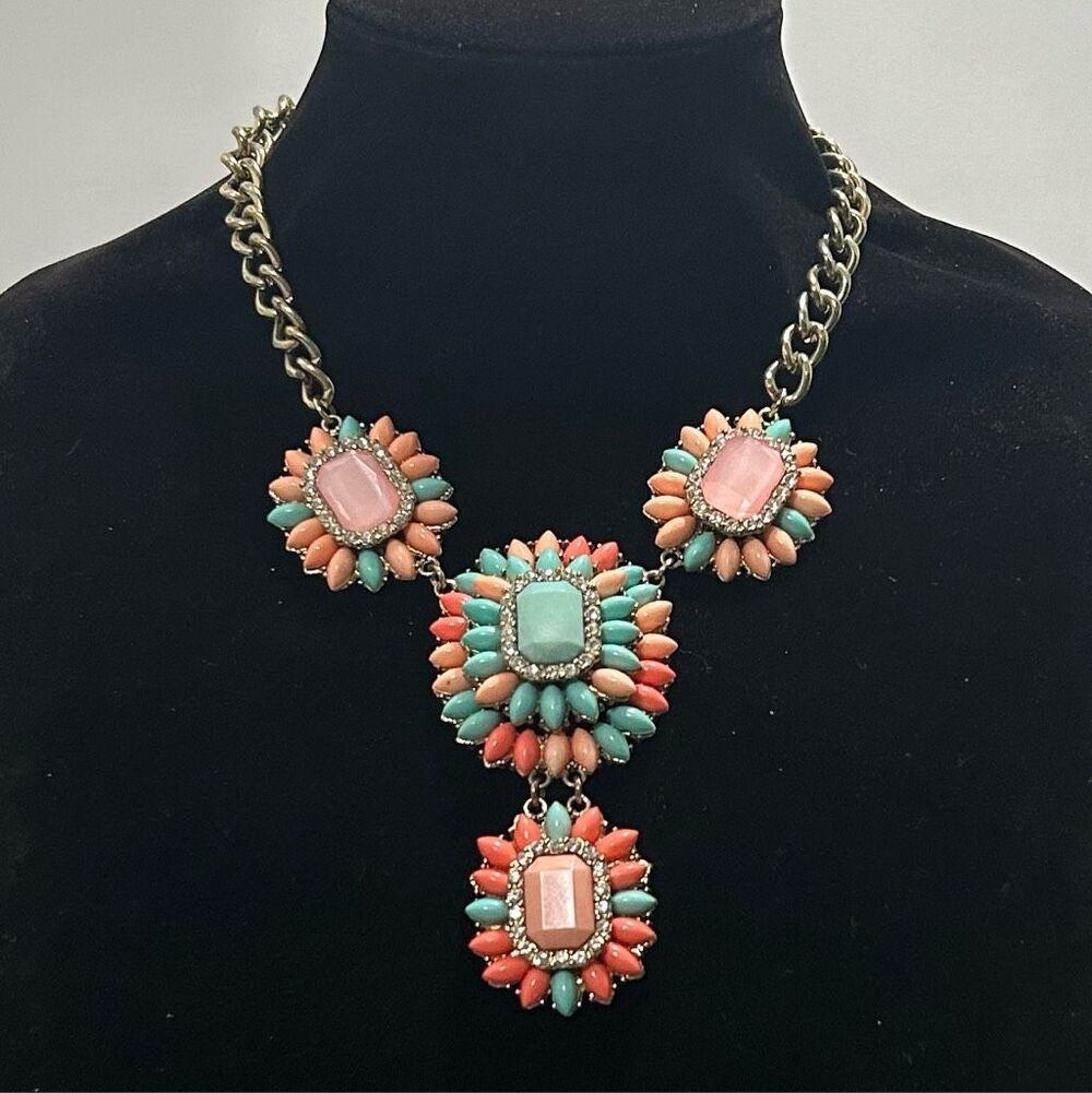 Vtg Statement Necklace Adjustable Multicolor Cluster Stone & Beads Chunky Chain